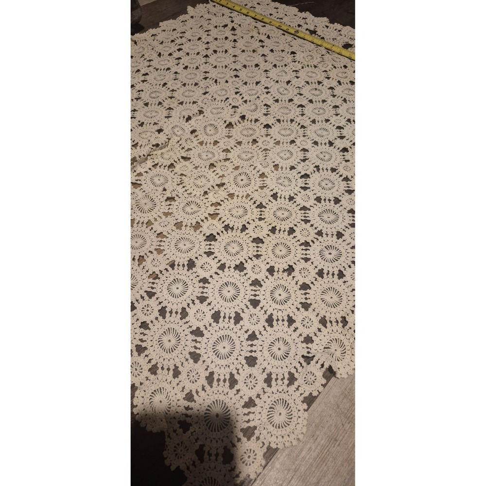 Vintage Hand Crocheted Lace Table Topper Doily Beige 34" x 32.5"